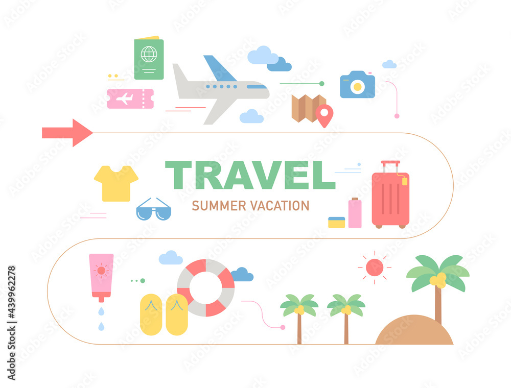 Summer vacation travel icons arranged along the road. flat design style minimal vector illustration.