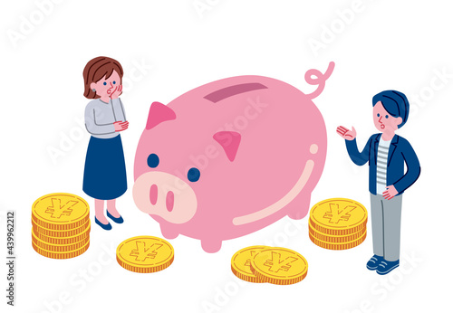 お金について疑問を持っている男女のイラスト