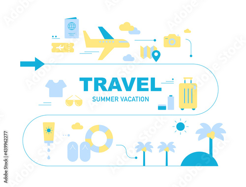 Summer vacation travel icons arranged along the road. flat design style minimal vector illustration.