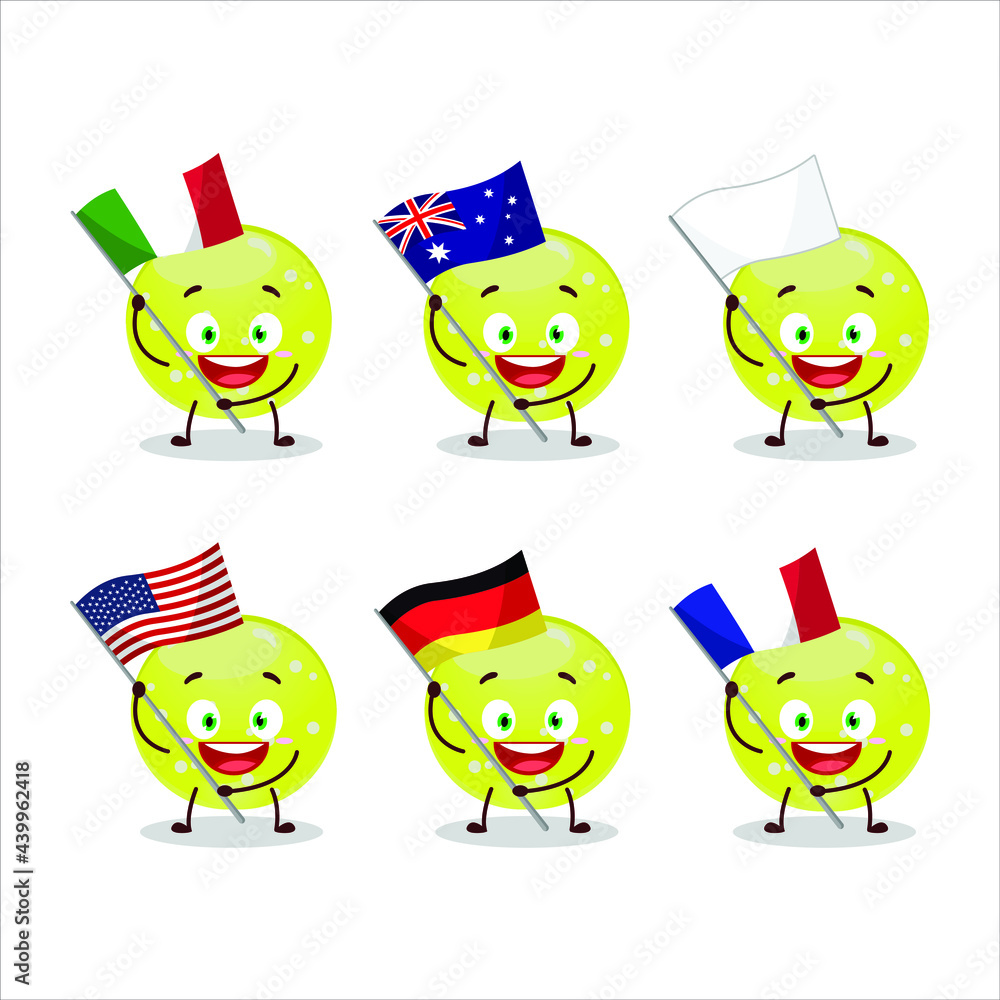 Jelly sweets candy green cartoon character bring the flags of various countries. Vector illustration Jelly sweets candy green cartoon character bring the flags of various countries. Vector illustration
