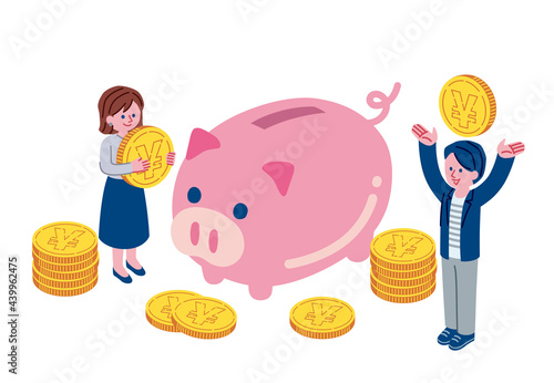 お金を貯めている男女のイラスト