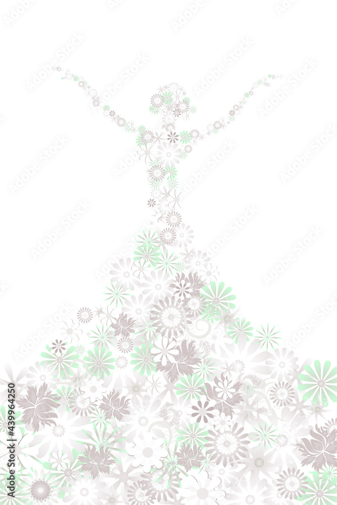 Silhouette of a girl consisting of many flowers on a white background. Vector illustration