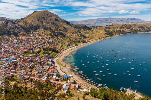Copacabana city during the day with Titicaca Lake, Bolivia.
