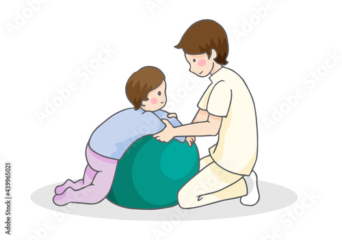 ボールを使ってリハビリする子供とセラピスト