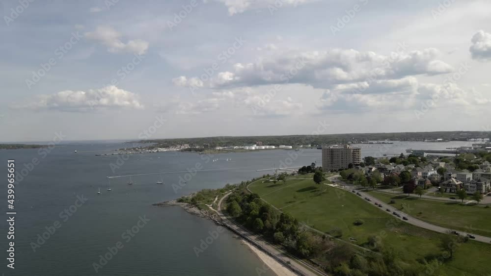Flyover of Portland, Maine's Eastern Promenade on a sunny day. Flyover of Portland, Maine's Eastern Promenade on a sunny day.