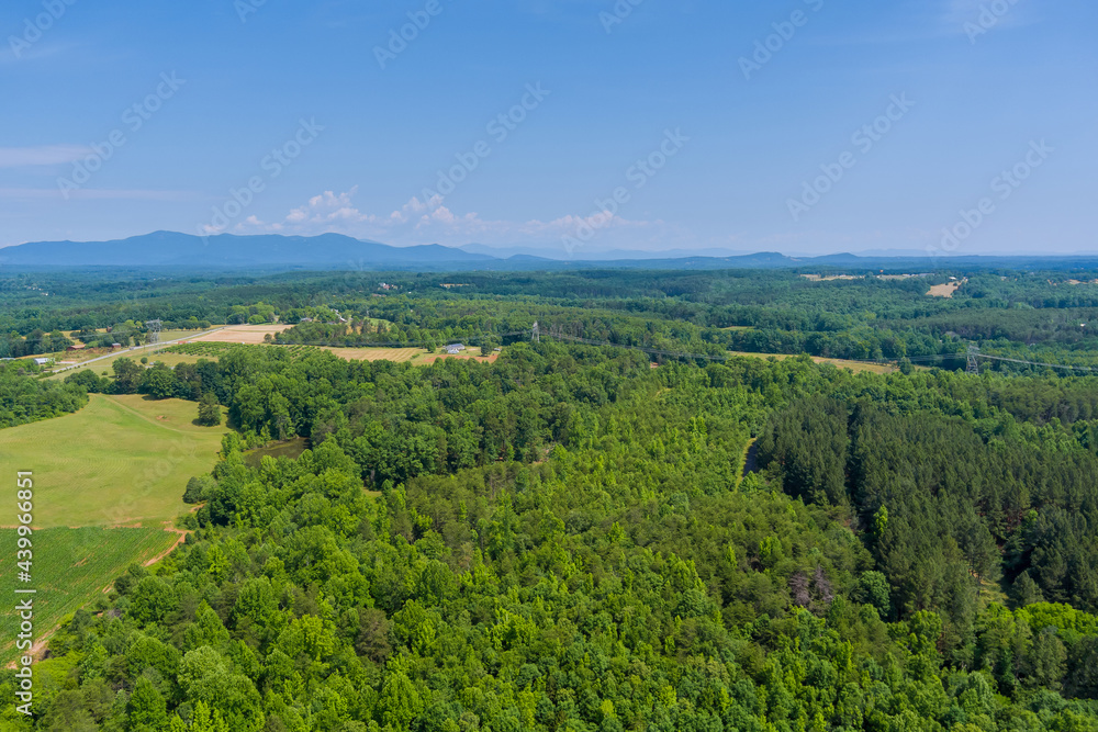 Aerial on green forest view at summer time with good weather by mountains in Campobello town , South Carolina
