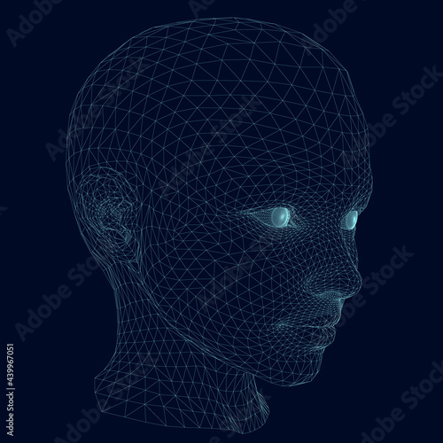 Wireframe of the girl head from blue lines on a dark background. 3D. Vector illustration