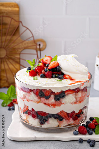Photography Summer berry trifle with angel food cake in a large bowl