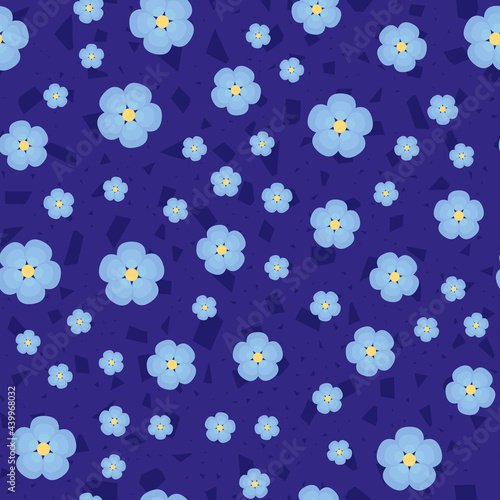 Blue flowers pattern. Seamless blue floral pattern from Forget-me-nots with geometric shapes on a green background. Endless ornament for textiles and designs, baby clothes or bedding. Vector 