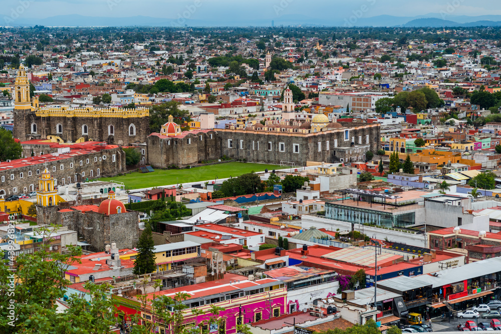 Down town Cholula, Puebla city in Mexico seen from above.