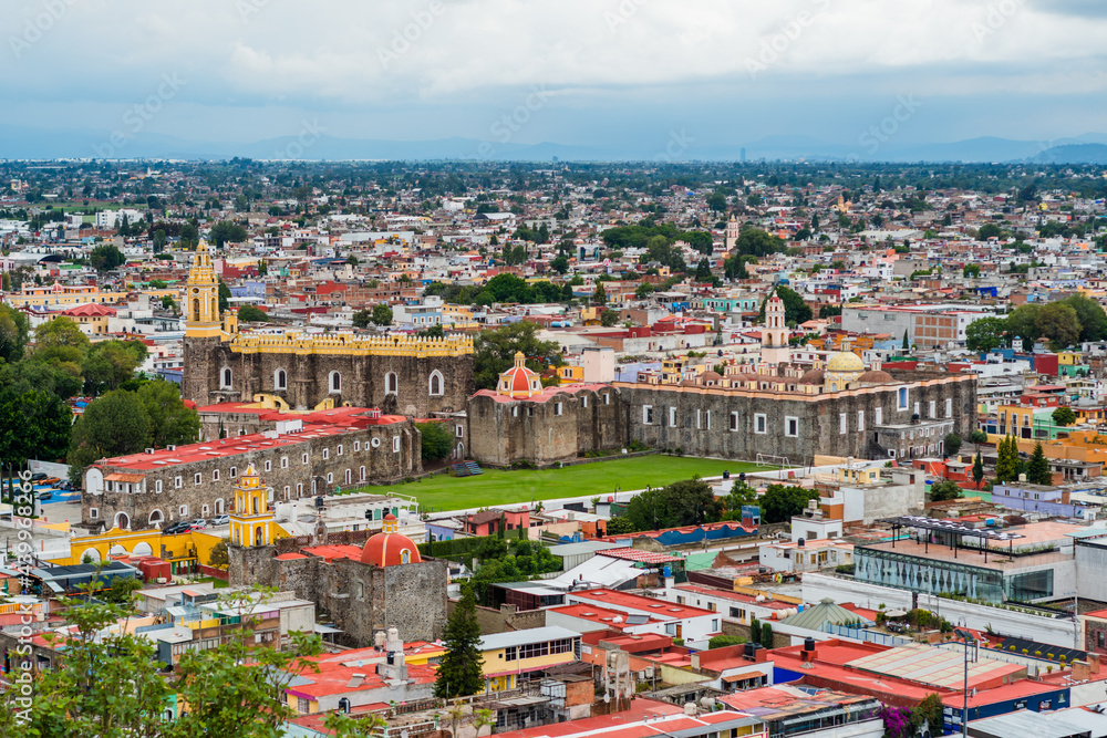 Down town Cholula, Puebla city in Mexico seen from above.