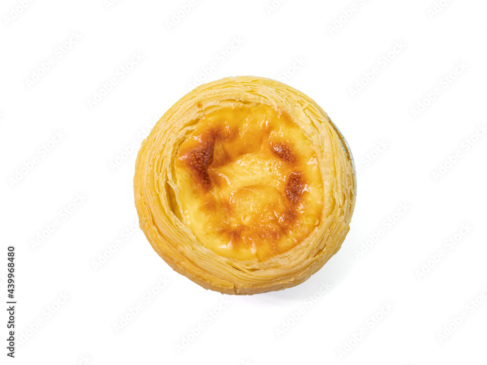 Egg tart, a close up of homemade crispy custard tart pie bakery isolated on white background. Egg tart, a close up of homemade crispy custard tart pie bakery isolated on white background.