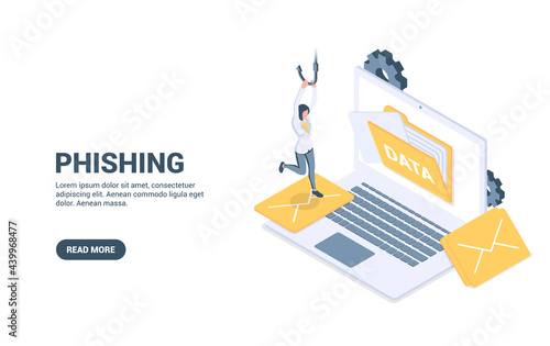 Phishing. Concept of internet fraud, computer virus and spyware, data leaks.Vector illustration in isometric style. Isolated on white background.