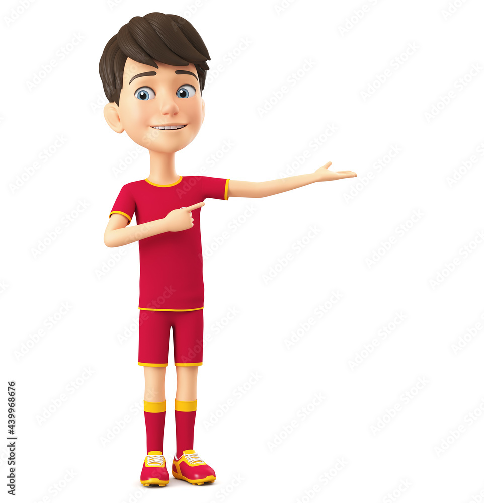 Cheerful cartoon character boy in sports uniform points to an empty hand. 3d render illustratio Cheerful cartoon character boy in sports uniform points to an empty hand. 3d render illustratio