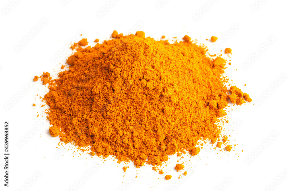 Turmeric powder (Curcuma) on white background. herbal