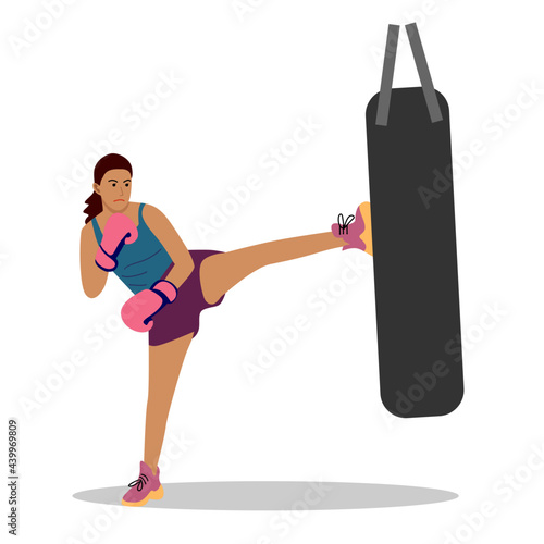 Muay Thai flat illustration. Sport girl exercise Muay Thai training with kneeling boxing sandbag