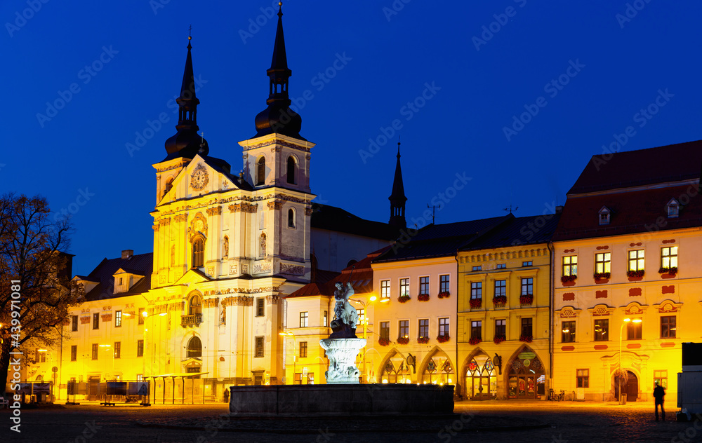 Picturesque view of city of Jihlava and Masaryk Square with Saint Ignatius Church at night, Czech Republic