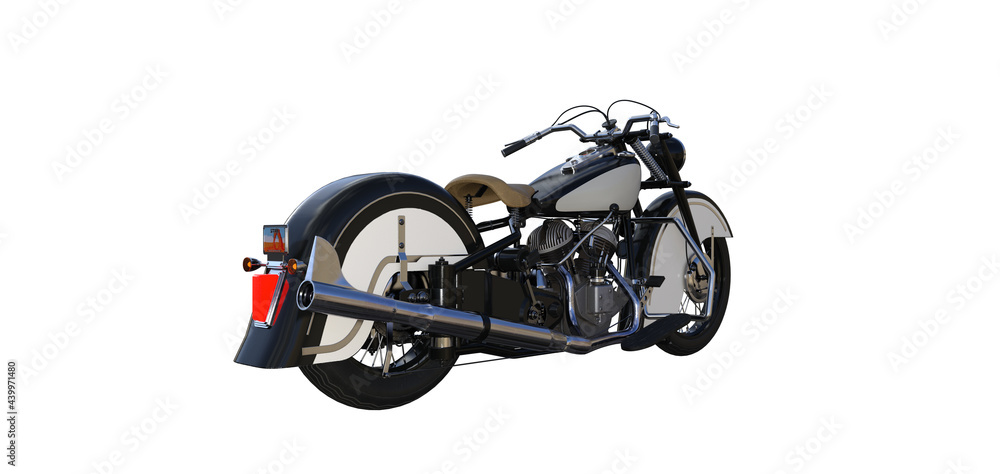 Old sports motorcycle with two cylinder engine. Object isolated on white background and rendered at different angles. 3d rendering, 3d illustration. Old sports motorcycle with two cylinder engine. Object isolated on white background and rendered at different angles. 3d rendering, 3d illustration.