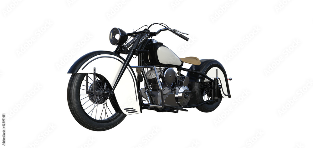 Naklejka premium Old sports motorcycle with two cylinder engine. Object isolated on white background and rendered at different angles. 3d rendering, 3d illustration.
