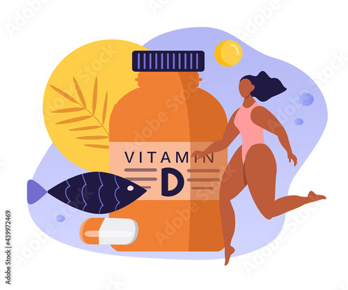vector hand drawn illustration on the theme of vitamins, dietary supplements. Vitamin D, sun and tanned girl. trendy illustration in flat style for webs, magazines, apps