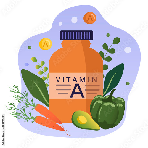 vector hand drawn illustration on the topic of vitamins, dietary supplements. Vitamin A and foods that contain it. trendy illustration in flat style for webs, magazines, apps