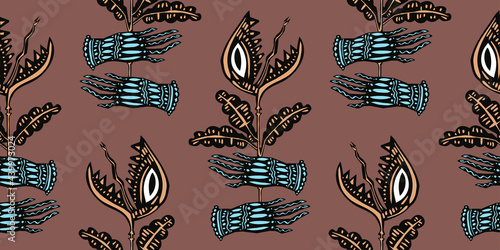 Magic hands holding a hungry carnivorous flower predator plant venus flytrap seamless pattern background.