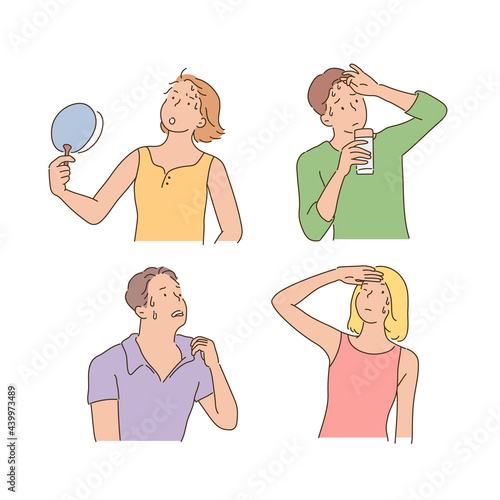 Hot summer people sweat and fan.