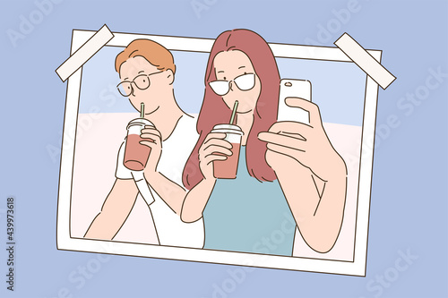 A couple is taking a selfie while having a drink. photo concept.