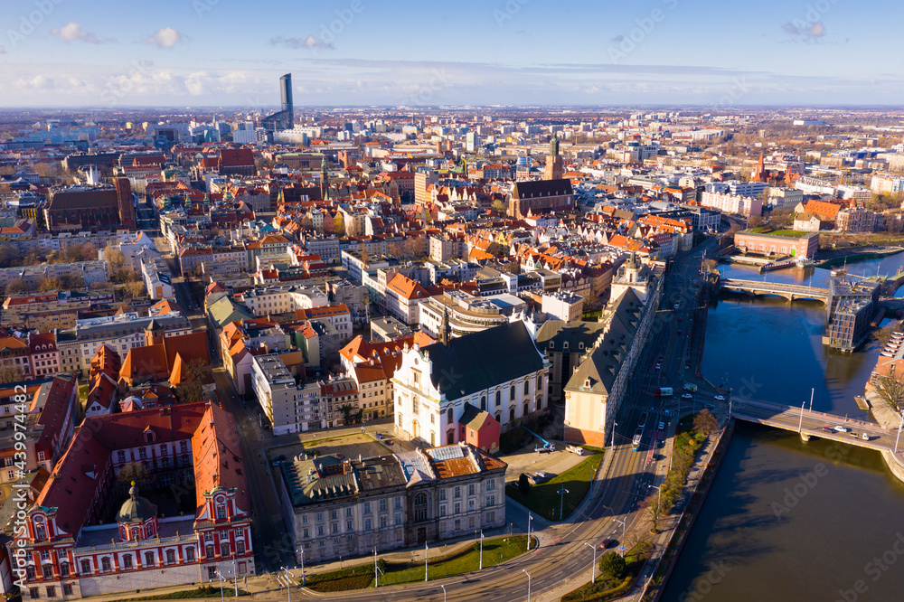 Aerial view of Wroclaw with Market Square in Poland with old buildings