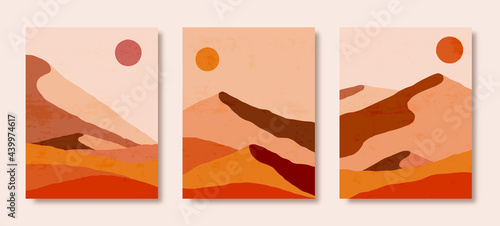 Set of Abstract Landscape of Mountains and Sun in a Minimal Trendy Style. Vector Background in Brown and Orange Colors