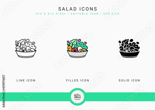 Salad icons set vector illustration with solid icon line style. Vegetarian diet food concept. Editable stroke icon on isolated white background for web design, user interface, and mobile application