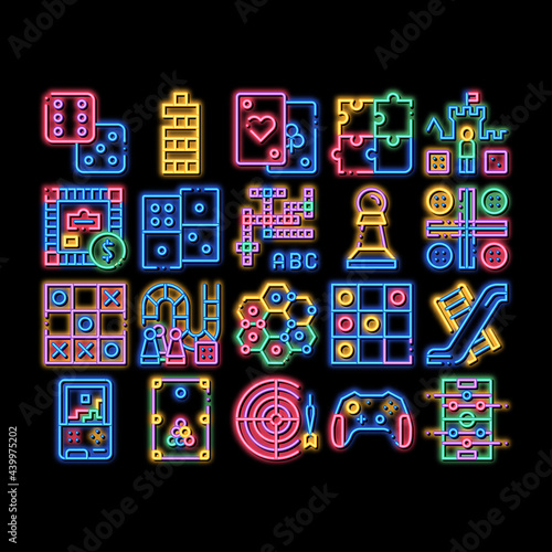 Interactive Kids Games neon light sign vector. Glowing bright icon Domino, Chess And Video Games Controller Pictograms. Cards, Billiard, Darts Illustrations