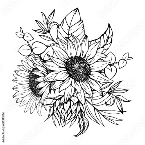 Beautiful vector bouquet of sunflowers sketch style.