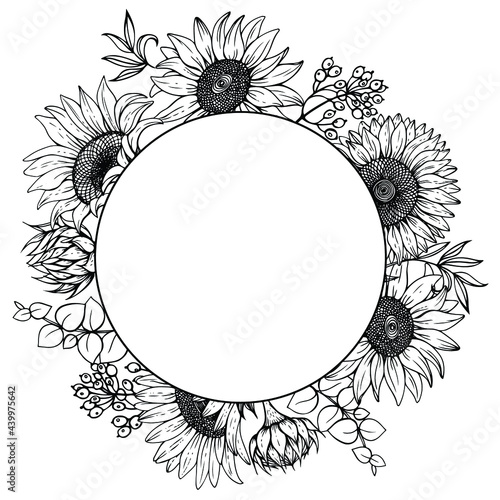 Round vector frame with sunflowers and leaves.