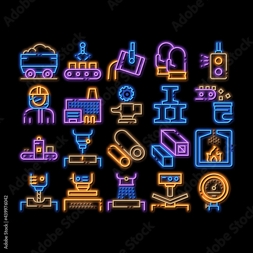 Metallurgical Elements neon light sign vector. Glowing bright icon Factory Furnace, Metal Melting And Metallurgical Pipe Foundry Illustrations