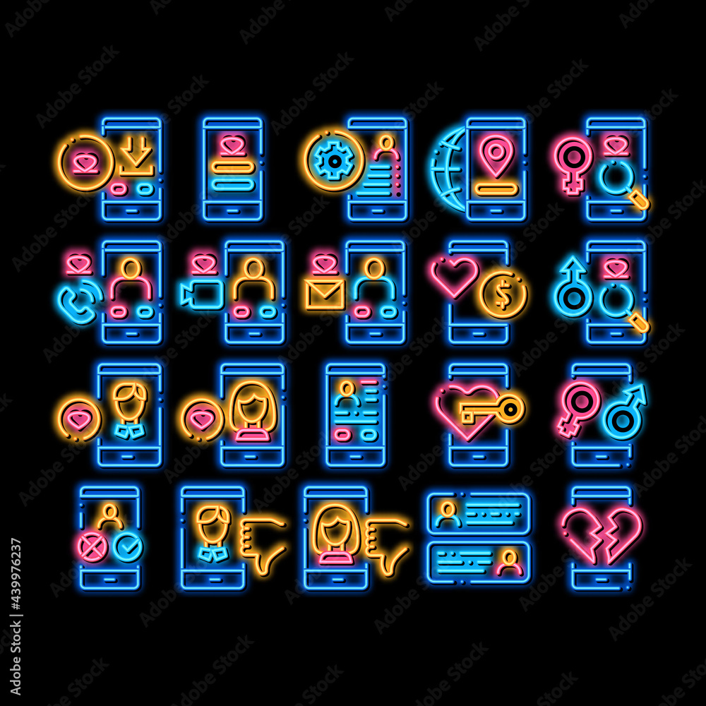 Dating App Elements neon light sign vector. Glowing bright icon Smartphone Mobile Dating Love Application . Profile Avatar, Like And Broken Heart Illustrations Dating App Elements neon light sign vector. Glowing bright icon Smartphone Mobile Dating Love Application . Profile Avatar, Like And Broken Heart Illustrations