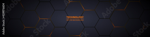 Dark gray and orange horizontal hexagonal technology abstract vector background. Orange bright energy flashes under hexagon in futuristic modern technology wide banner. Dark gray honeycomb texture.
