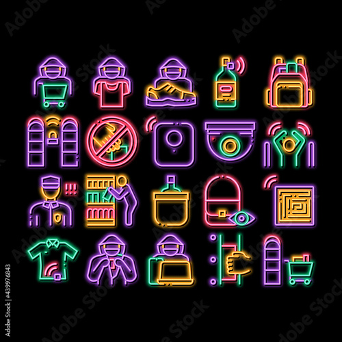 Shoplifting Elements neon light sign vector. Glowing bright icon Video Camera And Guard Security From Shoplifting, Human Shoplifter Silhouette Illustrations