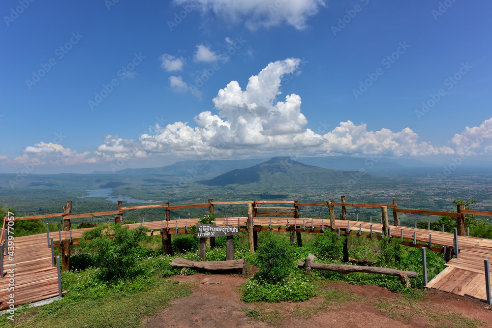 Landscape beautiful mountain scenery view on Phu Pa Por viewpoint. Famous tourist Attraction at Loei, Similar Mt.Fuji. on sign board wrote as Phu Pa Poh in Thai