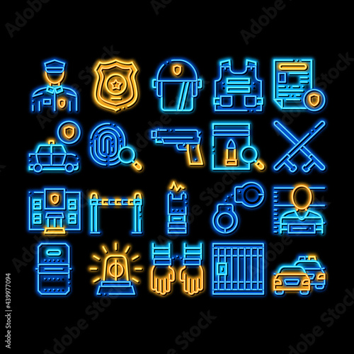 Police Department neon light sign vector. Glowing bright icon Policeman Silhouette, Police Badge And Body Armor, Helmet And Gun And Truncheon Illustrations