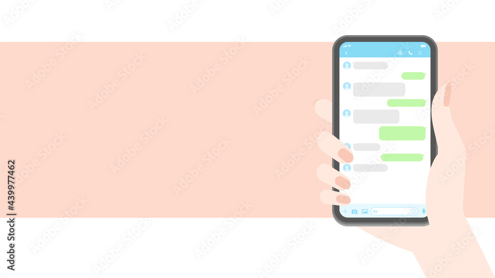 スマートフォン・メッセージアプリイメージ素材：スマホを持つ人の手とトーク画面 - HD16:9比率・ピンク - obrazy, fototapety, plakaty 