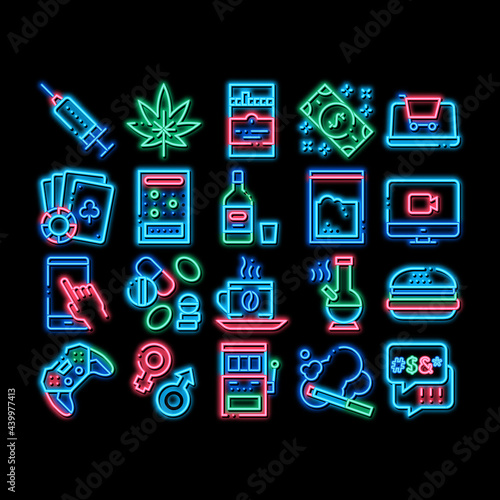 Addiction Bad Habits neon light sign vector. Glowing bright icon Alcohol And Drug, Shopping And Gambling, Hemp, Smoking And Junk Food Addiction Illustrations
