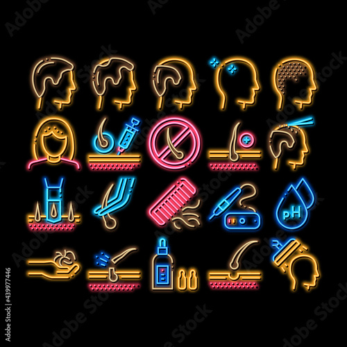 Hair Transplantation neon light sign vector. Glowing bright icon Balding And Baldness Man Head, Shampoo And Medicine In Bottle Transplantation Illustrations