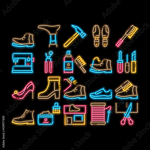 Shoe Repair Equipment neon light sign vector. Glowing bright icon Shoes Repair Tools And Scissors, Sewing Machine And Hammer, Cream And Brush Illustrations