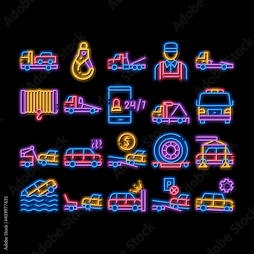 Tow Truck Transport neon light sign vector. Glowing bright icon Tow Truck Evacuating And Transportation Broken Car, Winch And Hook Illustrations