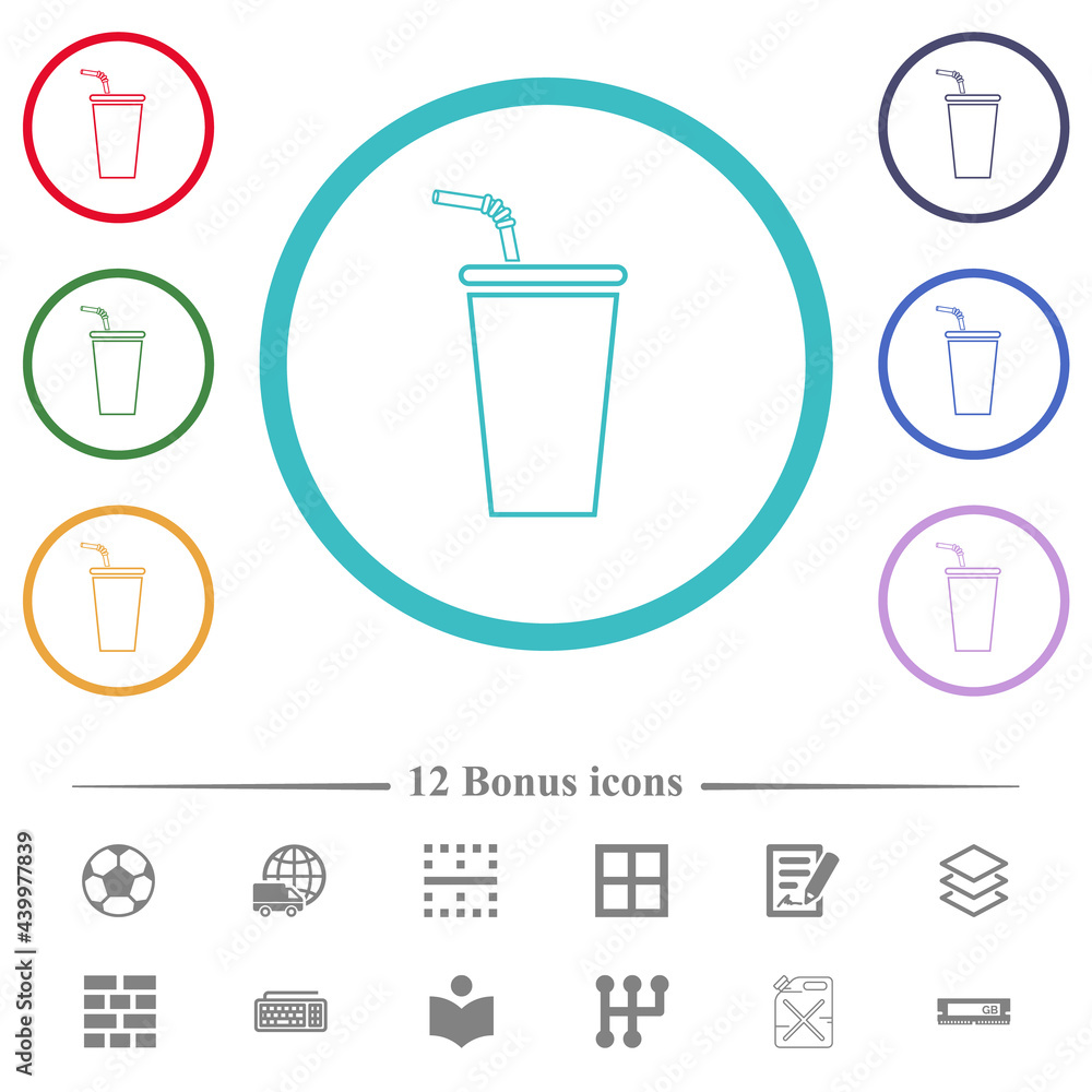 Disposable drinking cup with straw flat color icons in circle shape outlines Disposable drinking cup with straw flat color icons in circle shape outlines