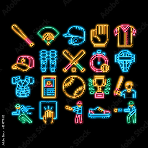 Baseball Game Tools neon light sign vector. Glowing bright icon Baseball Bat And Ball, Protection Helmet And Glove, Stopwatch And Cup Illustrations