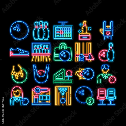 Bowling Game Tools neon light sign vector. Glowing bright icon Bowling Ball and Skittle, Building And Stool, Scoreboard And Shoe, Player And Hand Gesture Illustrations