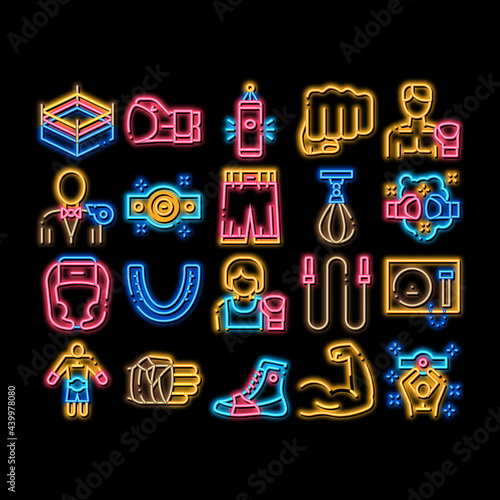 Boxing Sport Tool neon light sign vector. Glowing bright icon Boxing Glove And Shirts, Protection Helmet And Mouth Piece, Ring And Box Award Illustrations