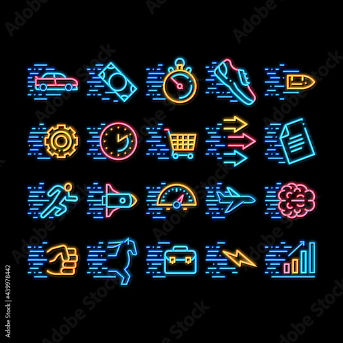 Speed Fast Motion neon light sign vector. Glowing bright icon Moving At High Speed Car And Air Plane, Rocket And Bullet, Running Human And Horse Illustrations